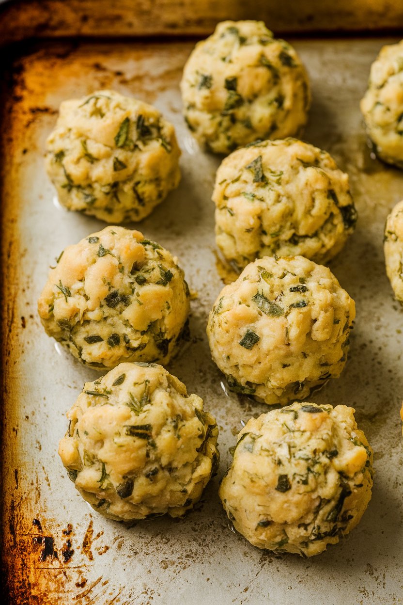 Indoor photo of golden stuffing balls on a baking sheet, flecks of herbs visible, no text or logos