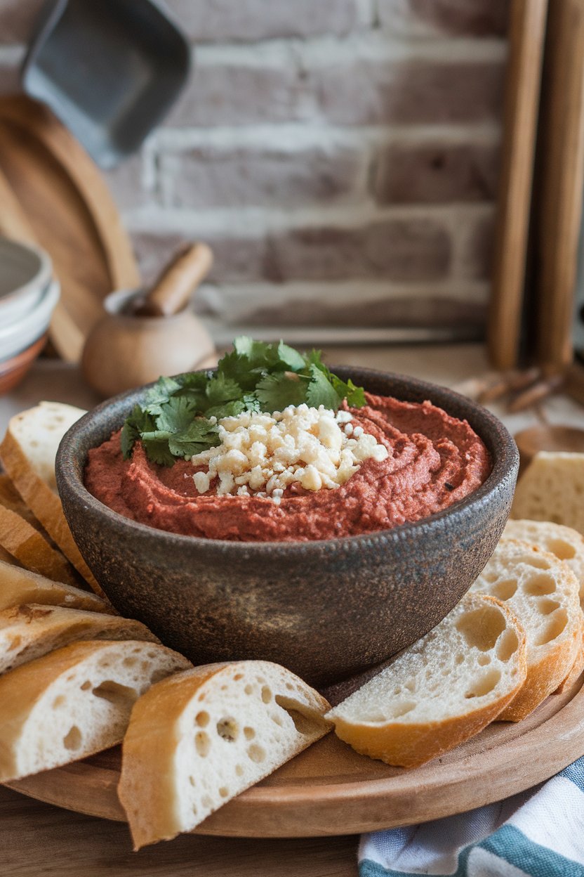 Indoor photo of a rustic bowl filled with blended black bean dip topped with chopped cilantro and queso fresco. No text or logos anywhere.