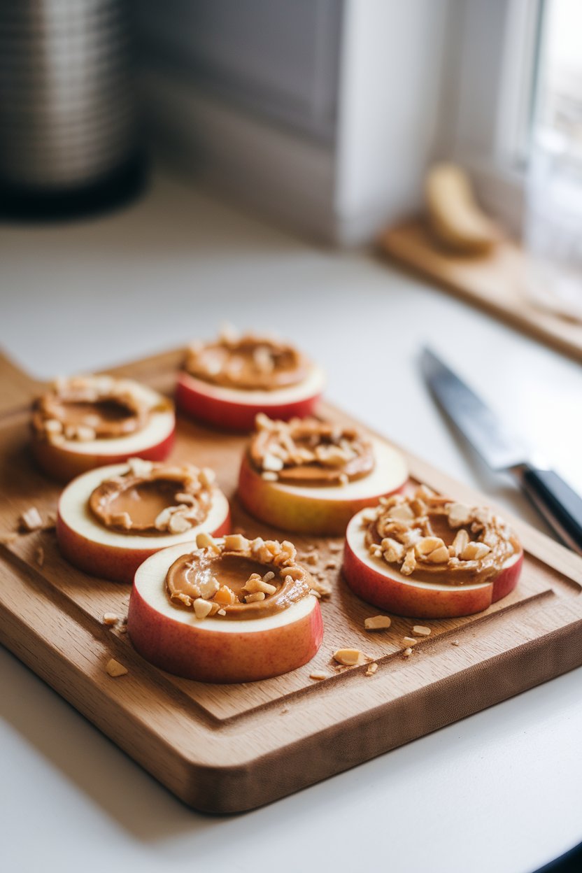 A wooden cutting board indoors with apple rings smeared with almond butter and topped with crushed almonds; soft natural light from a nearby window, no text or logos.