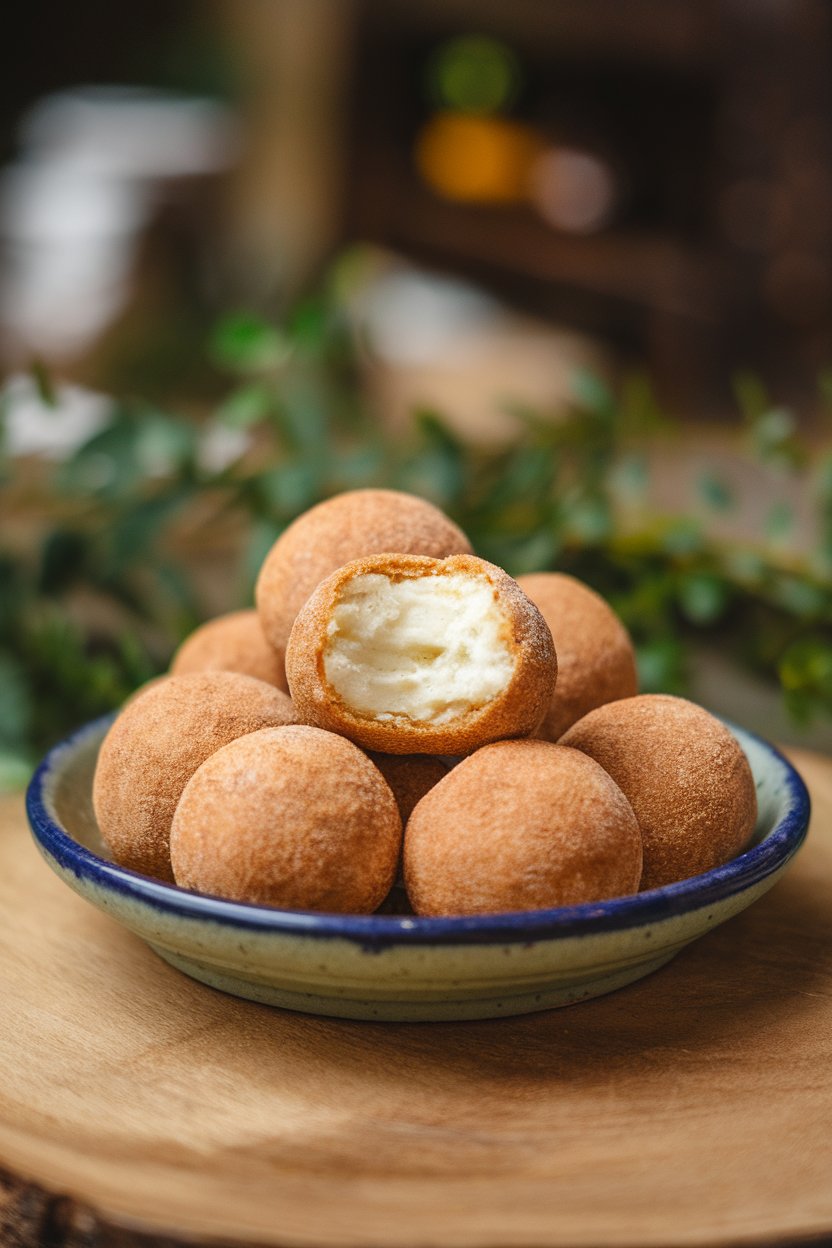 Indoor ceramic plate with round cinnamon-coated balls, one bitten to show soft interior. No text or logos; photo only.