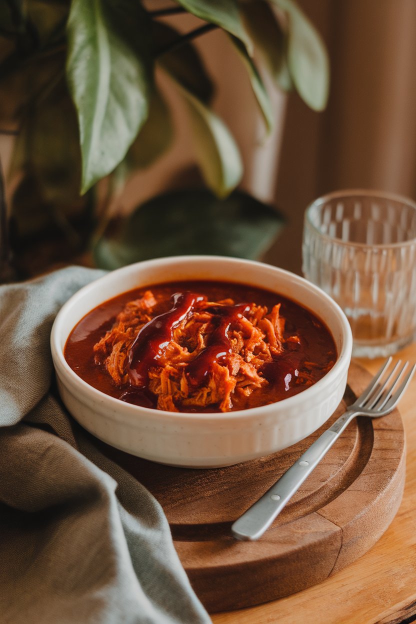 A cozy indoor scene showcasing a bowl of barbecue pulled pork chili, topped with a drizzle of thick BBQ sauce. No text or logos present.