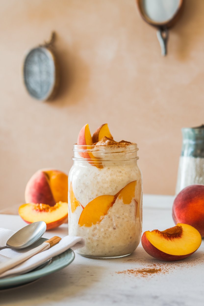 An indoor breakfast table with a mason jar of creamy rice pudding layered with peach slices and cinnamon dusting. No text or logos.