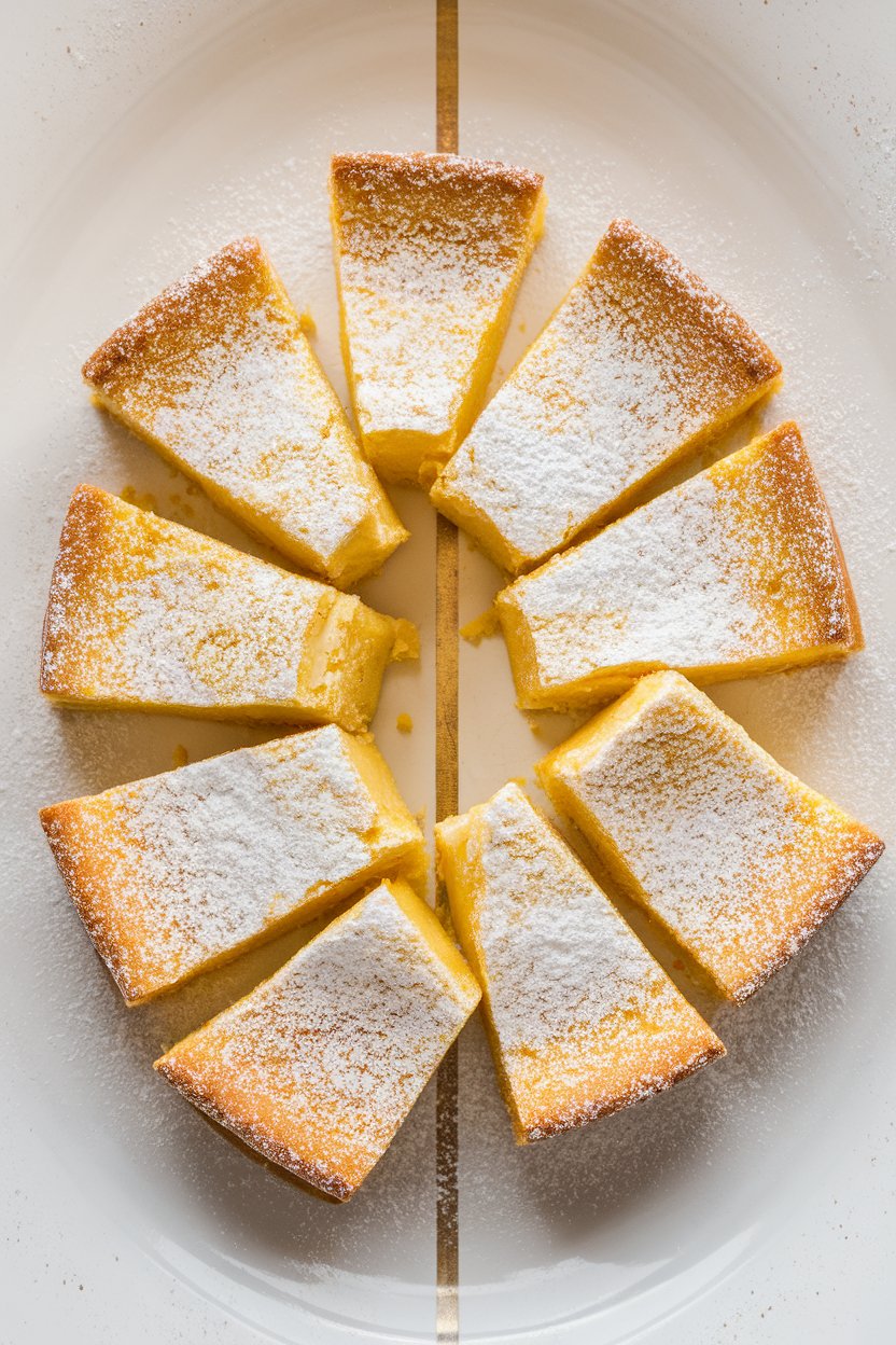 Indoor photo of lemon bars cut into rectangles, dusted with powdered sugar, sitting on a white platter with a faint center line of zest. No text or logos.