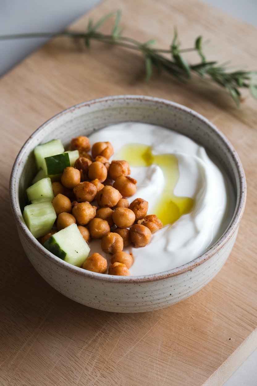 An indoor ceramic bowl featuring plain Greek yogurt topped with roasted chickpeas, cucumber cubes, and olive oil drizzle. No text or logos present. Photo, not illustration.