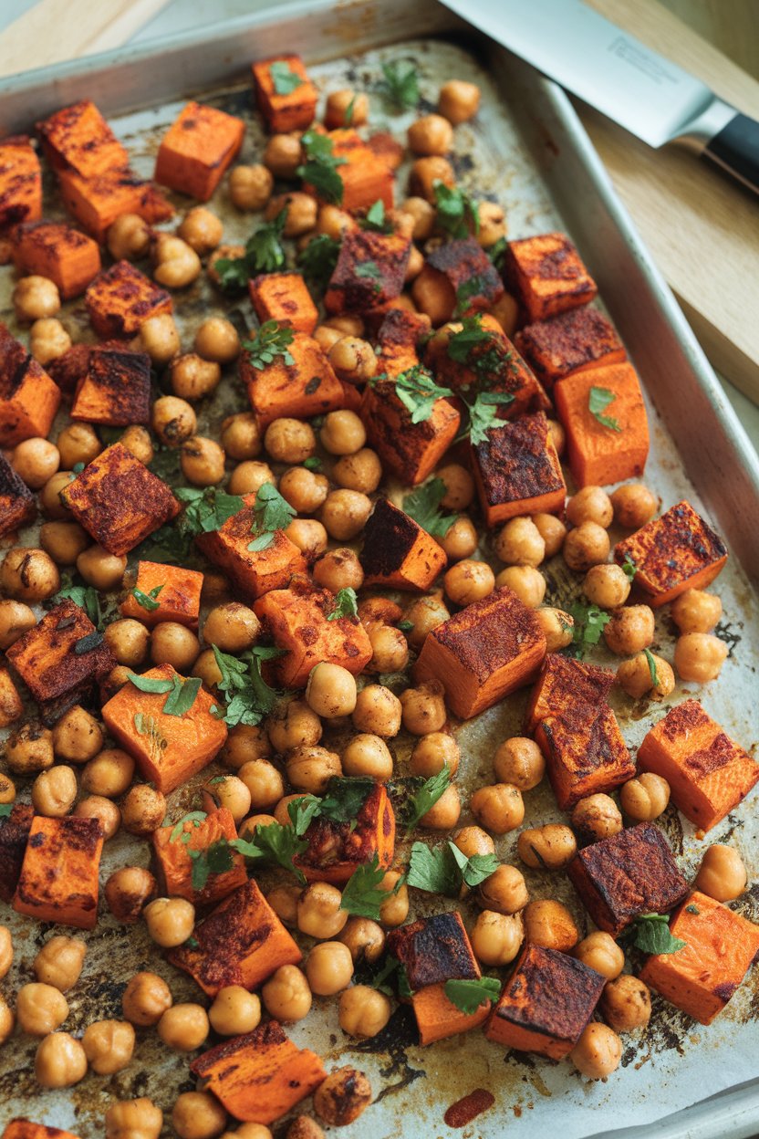 Indoor photo of cubed sweet potatoes and chickpeas coated in red harissa paste, roasted on a sheet pan, parsley scattered over. No text or logos.
