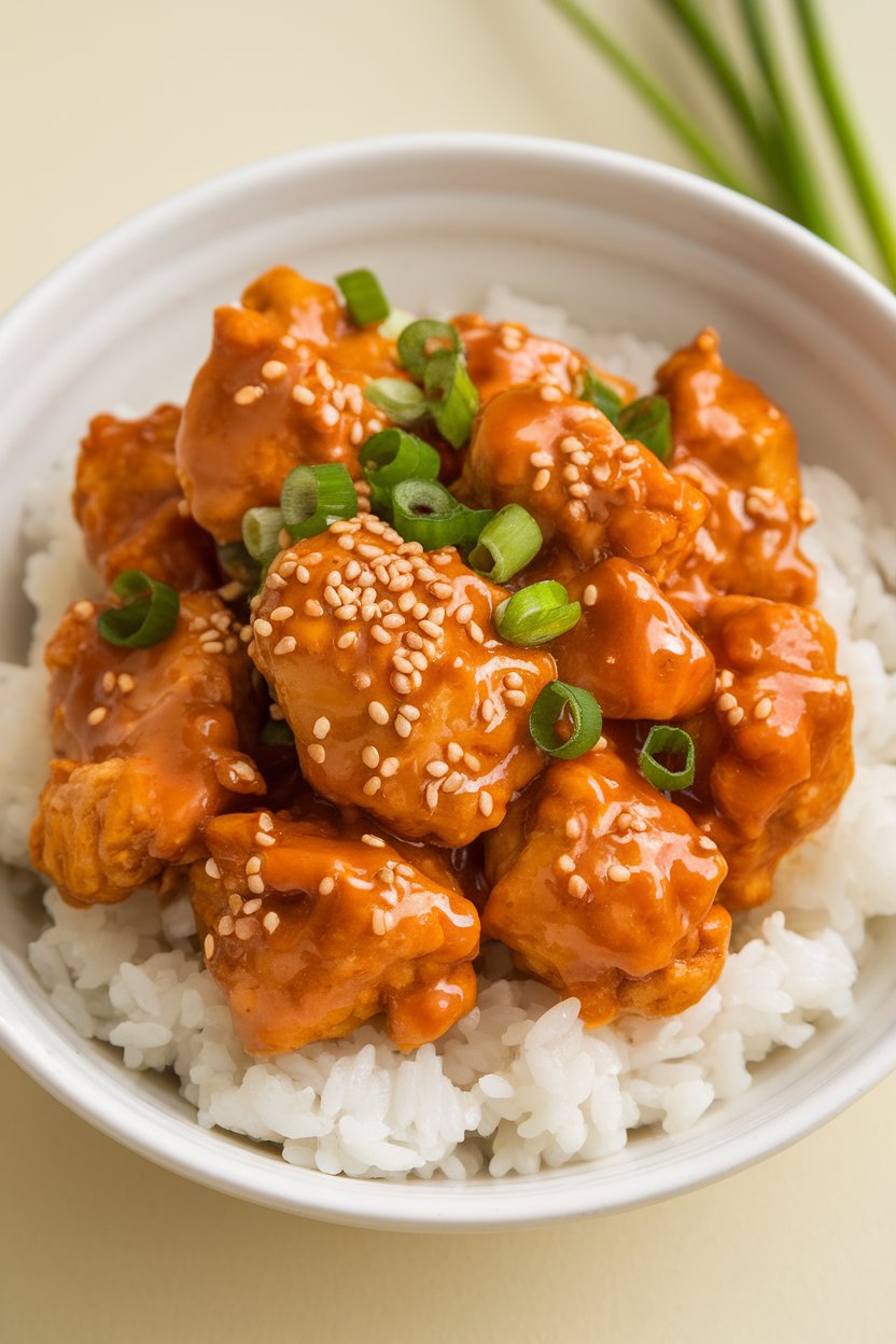An indoor bowl of fried chicken chunks coated in glossy orange sauce, sesame seeds sprinkled on top—no text or logos. Photo, not illustration.