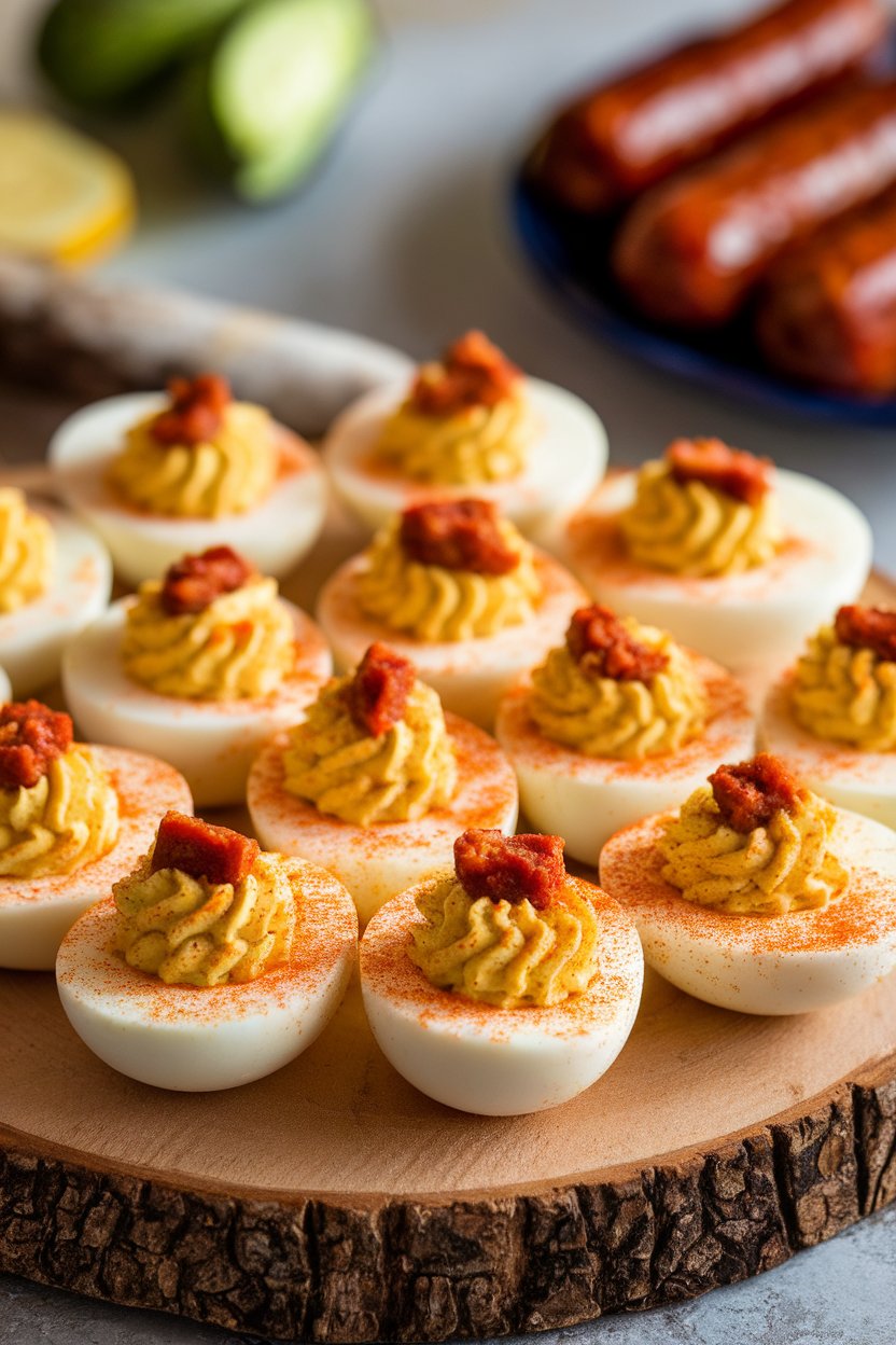 Indoor platter of deviled eggs dusted with paprika, tiny bits of andouille garnish on top. Photo, no text or logos.