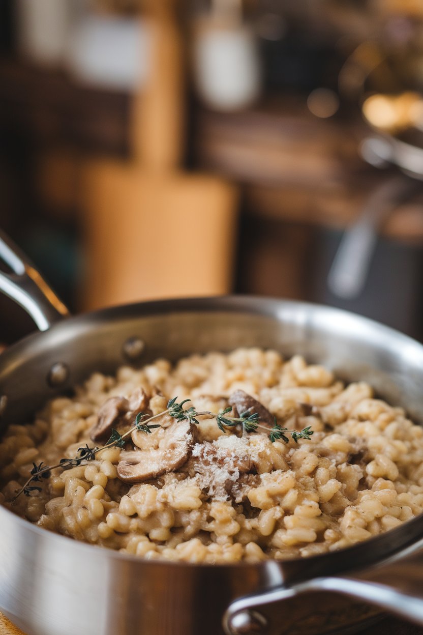 Indoor photo of a saucepan holding creamy barley risotto with cremini mushrooms, thyme, and a sprinkle of grated Parmesan. No text or logos.