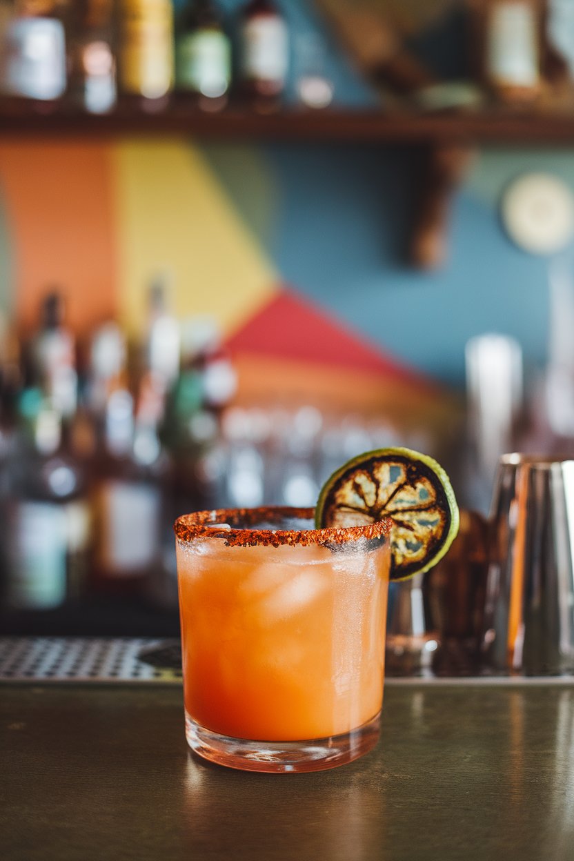 Photo of a rocks glass indoors with orange margarita, chili-salt rim and charred jalapeño slice, colorful bar backdrop, no text or logos
