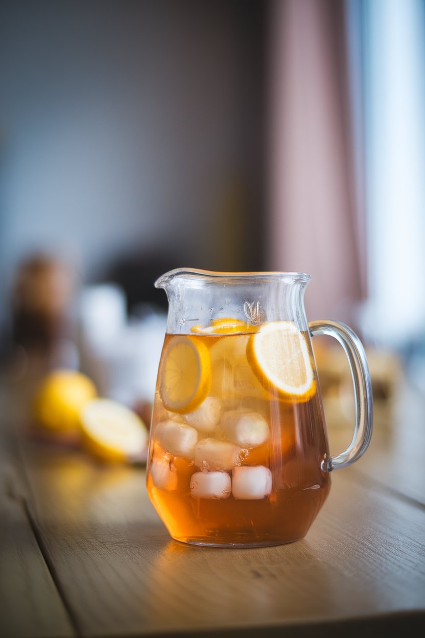 Indoor photo of a clear pitcher of iced tea with lemon slices and ice cubes on a table; no text or logos.