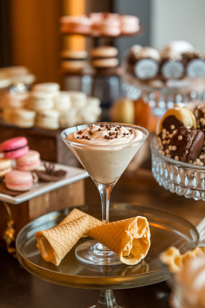 Indoor dessert station with a martini glass filled with creamy cannoli dip sprinkled with mini chocolate chips, waffle cone pieces alongside. No visible text or logos.