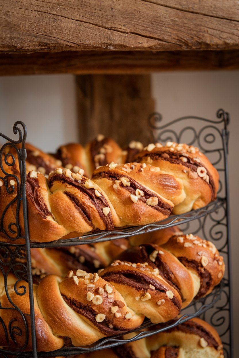 An indoor baker’s rack with twisted babka knots streaked with chocolate filling and sprinkled with chopped hazelnuts. Photo, no text or logos.