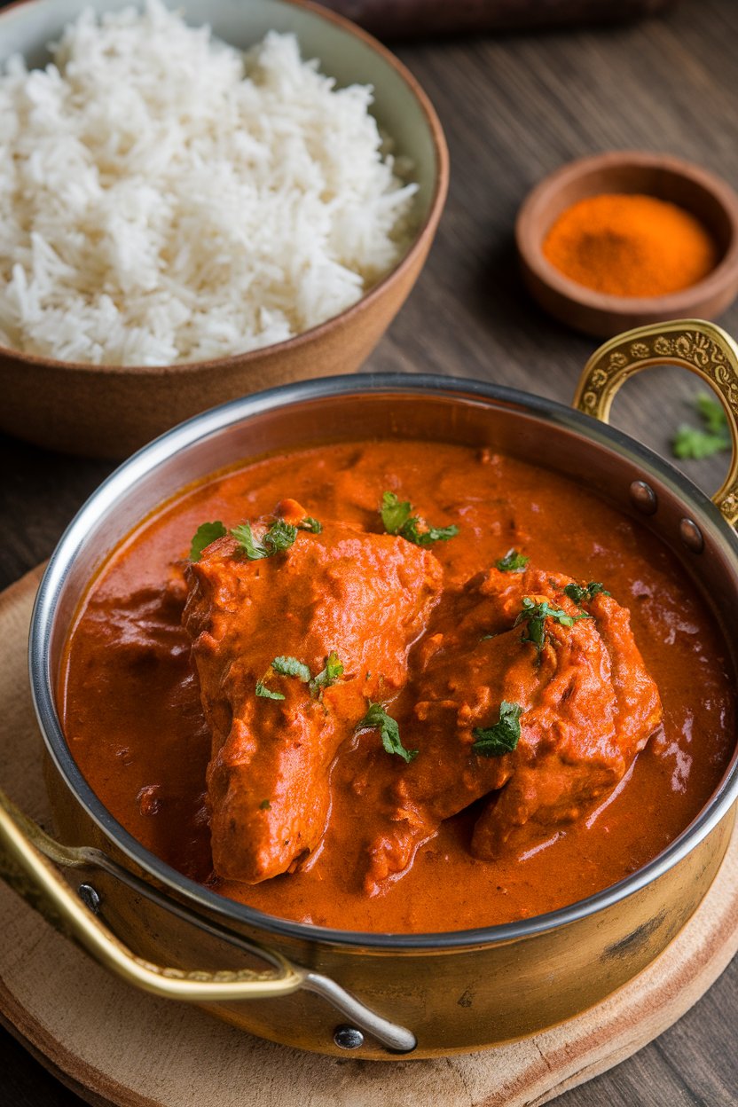 Indoor metal curry dish of fiery red chicken vindaloo with steamed basmati rice beside it. Photo only.