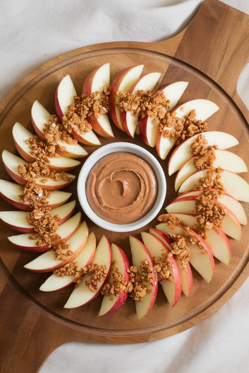Photo of crisp apple wedges drizzled with almond butter and dusted with granola crumbs on a wooden board indoors. No text or logos.