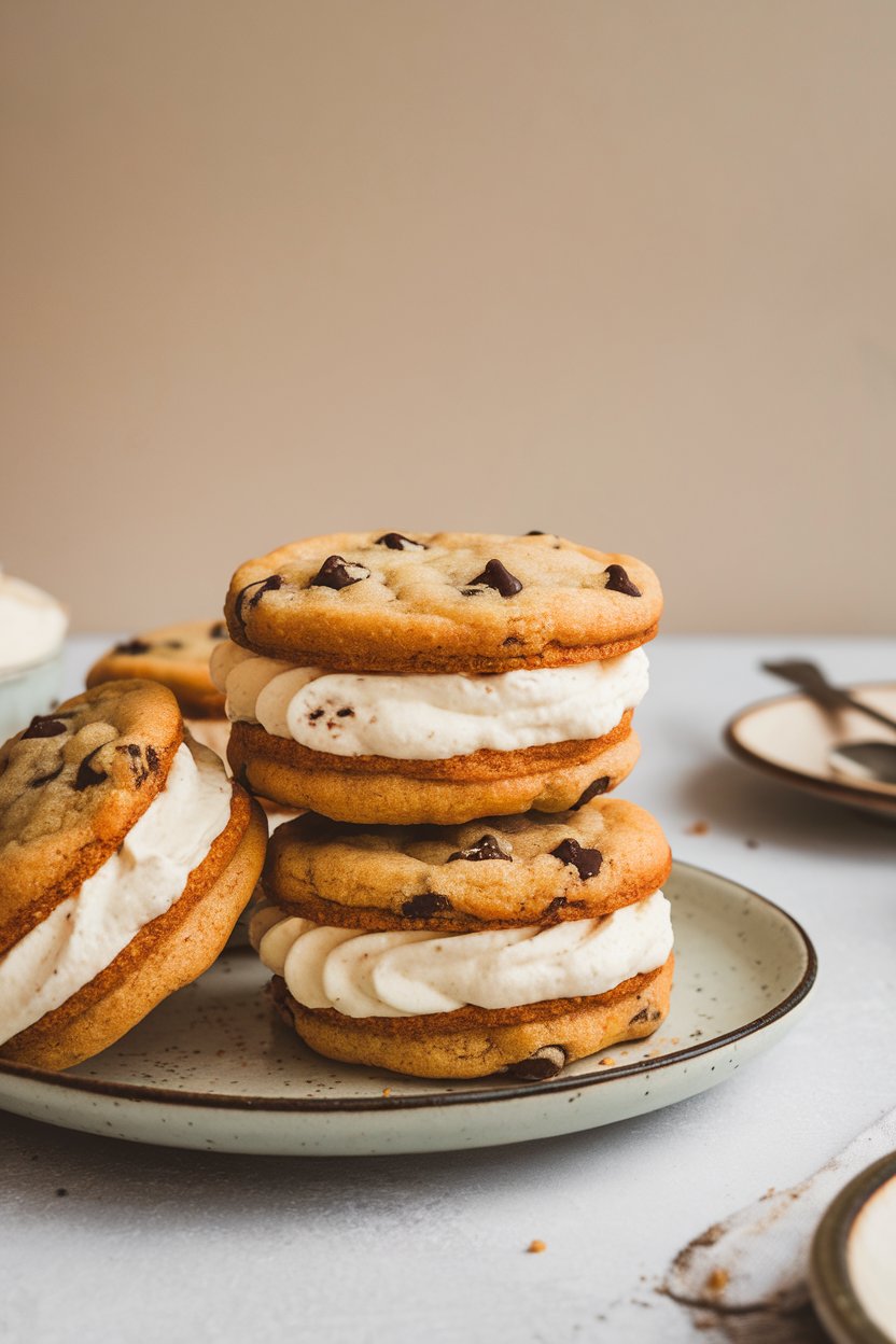 Indoor photo of chocolate chip cookie sandwiches filled with vanilla buttercream, stacked in twos on a plate. No text or logos.