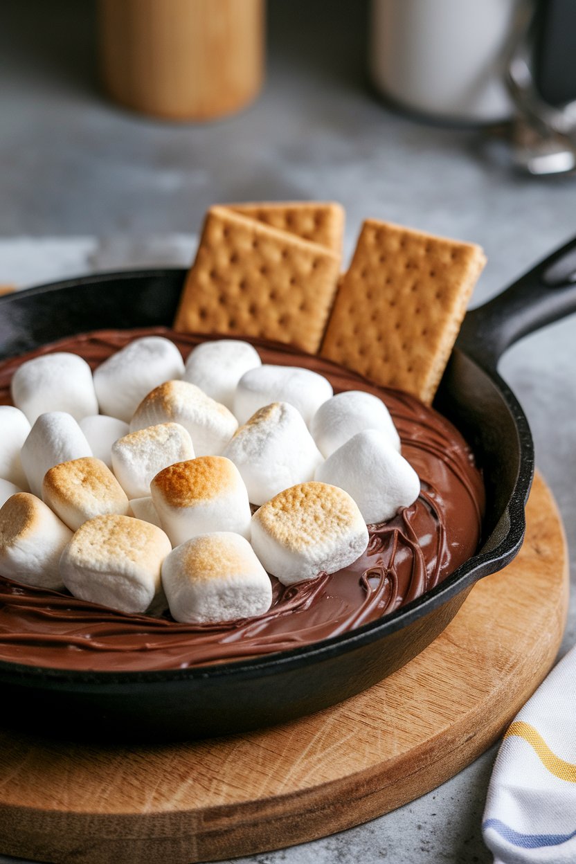 Indoor cast-iron skillet filled with melted chocolate and toasted marshmallows on top, graham crackers on the side, no text or logos. Photo only.