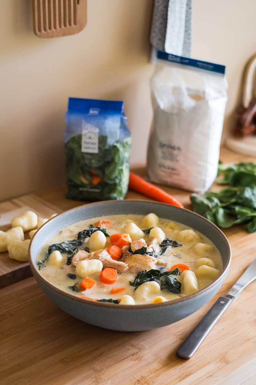 Indoor kitchen counter scene featuring a creamy gnocchi soup—pillowy gnocchi, spinach, chicken pieces, and carrots. No text or logos. Photo.