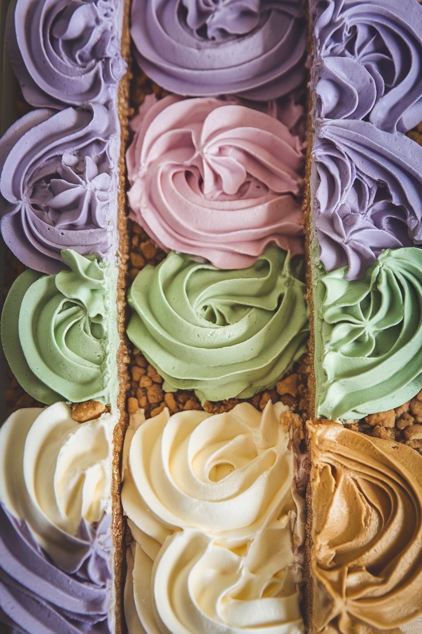 Indoor photo of layered graham-cracker icebox cake with purple, green, and gold whipped-cream layers; chilled and sliceable; no text or logos.