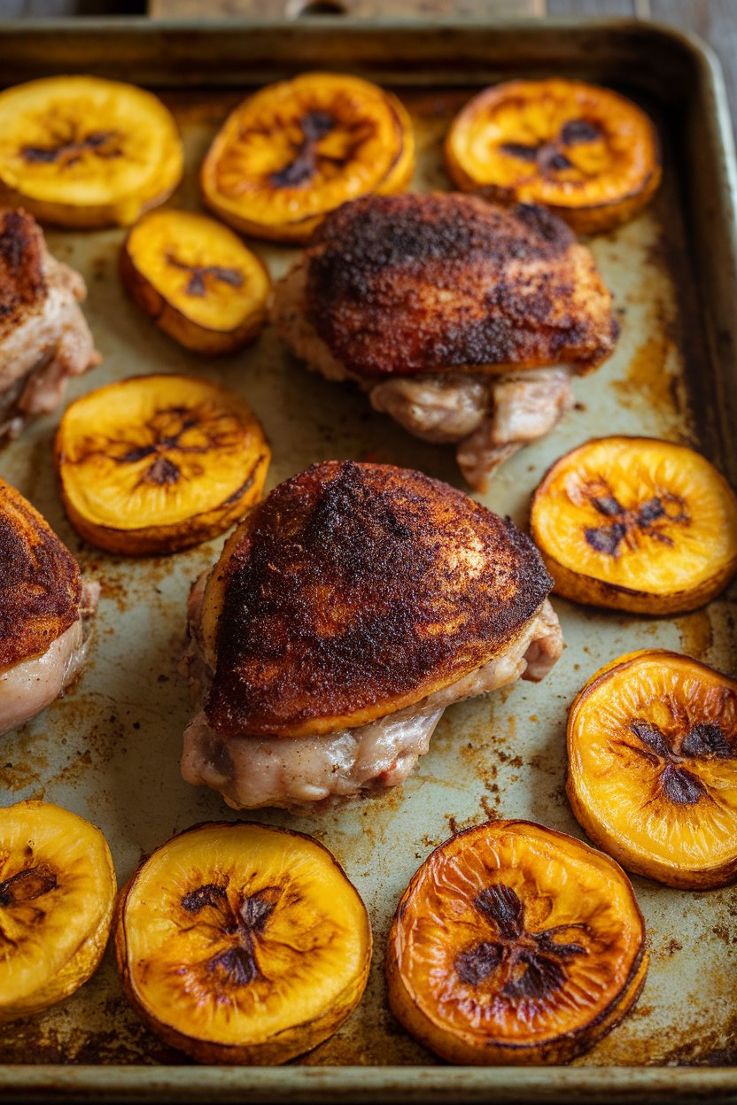 Sheet pan indoors with dark spice-rubbed chicken thighs beside golden roasted plantain slices. No logos or text.