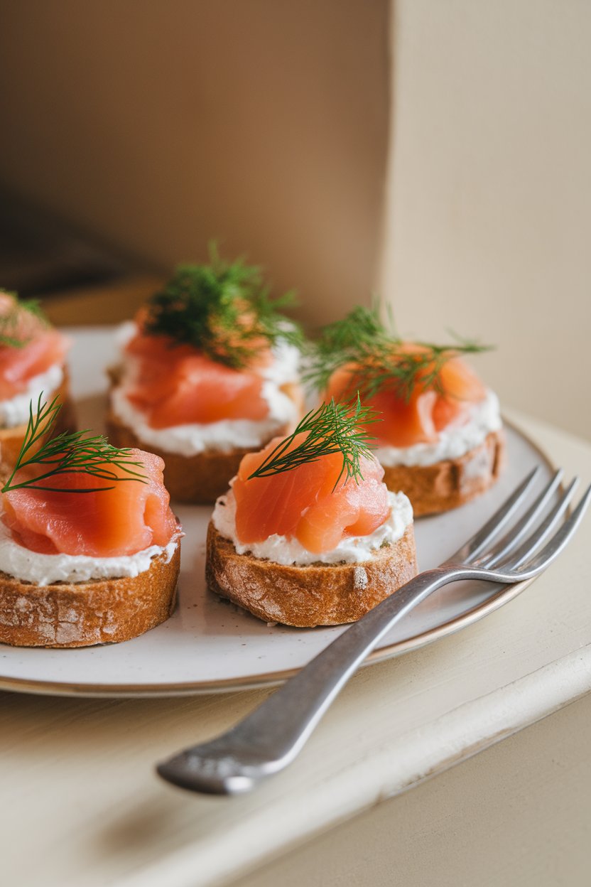Indoor photo of small soda bread rounds topped with cream cheese, smoked salmon, and dill, no text or logos