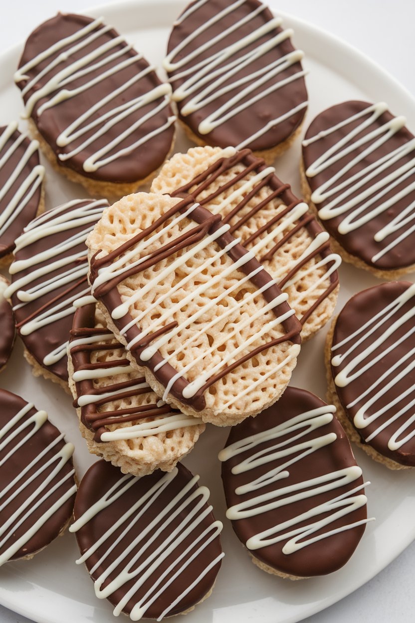 A platter of oval Rice Krispies treats coated lightly in chocolate with white chocolate laces, indoors. No text or logos; photo, not illustration.