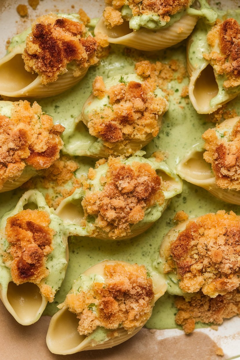 Indoor photo of creamy pasta shells coated in pale green cheese sauce, breadcrumb topping browned, no text or logos