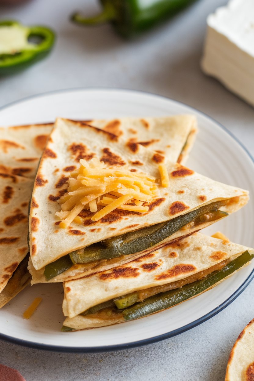 Indoor image of poblano-strip and cream-cheese quesadilla triangles, lightly charred edges, no branding.