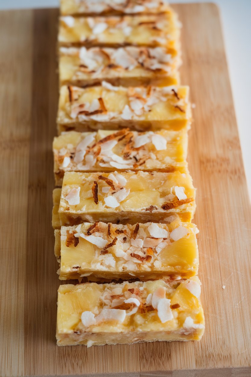 Indoor cutting board showing chewy bars with dried pineapple pieces and toasted coconut flakes, no text or logos.