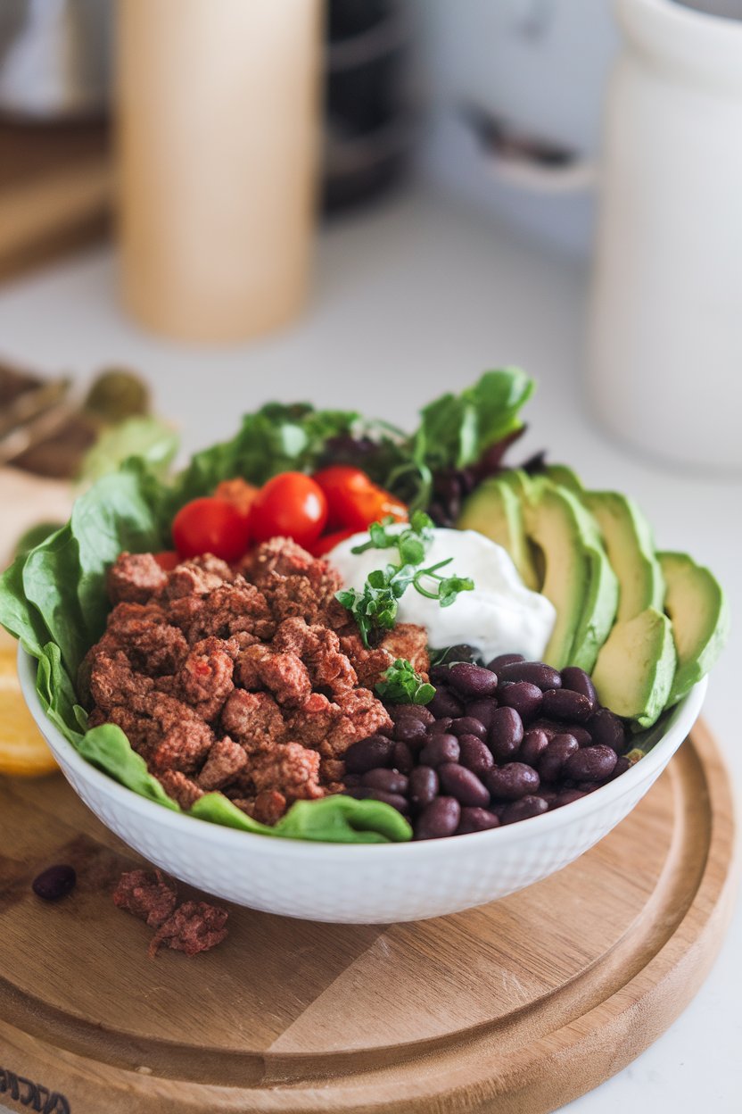 Indoor lunch bowl filled with romaine, seasoned lean beef crumbles, cherry tomatoes, black beans, avocado slices, and a dollop of Greek yogurt. No text or logos shown.