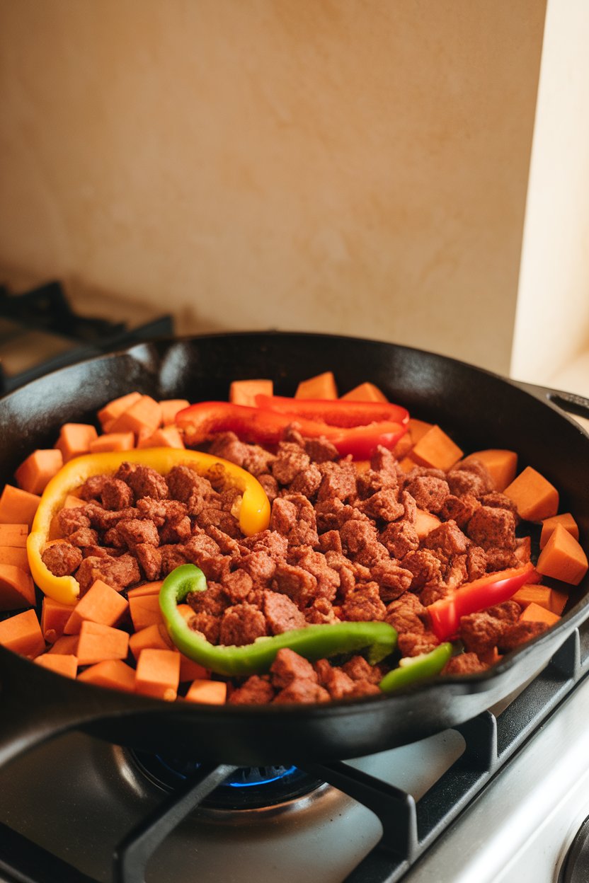 Photo of a cast-iron skillet holding diced sweet potatoes, crumbled cooked turkey sausage, and colorful bell peppers, shot indoors on the stovetop. No text or logos.