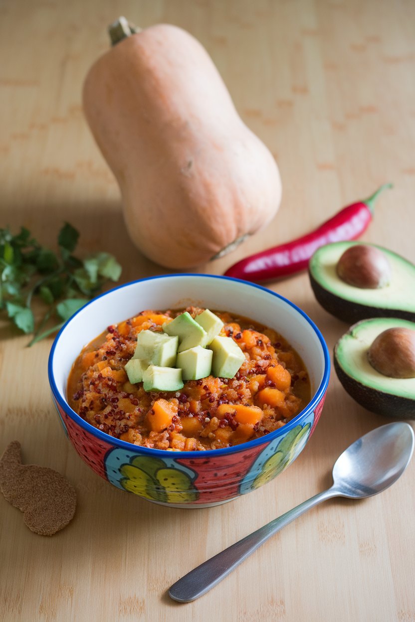An indoor kitchen table featuring a colorful bowl of chunky butternut squash chili with red quinoa visible, topped with avocado dice. No text or logos.