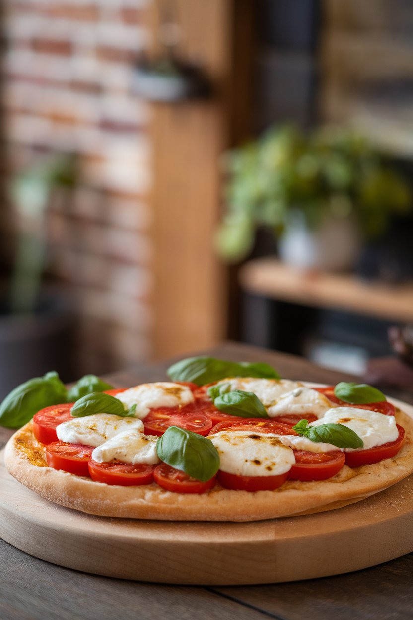 Photo of oval flatbread topped with cooked tomatoes, fresh basil, and melted mozzarella indoors, no text or logos