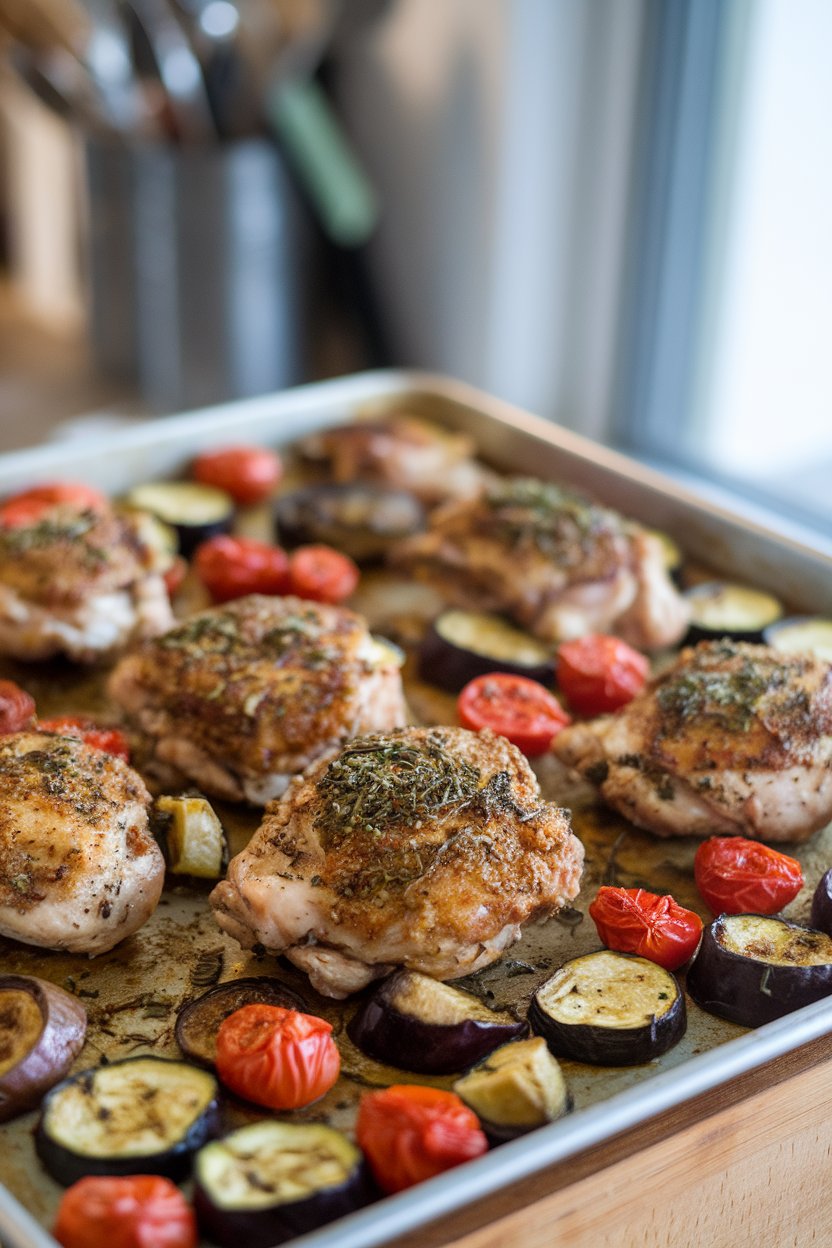 Indoor photo of chicken thighs coated in herbes de Provence, roasted zucchini, eggplant, and tomato chunks sharing the sheet pan. No text or logos.