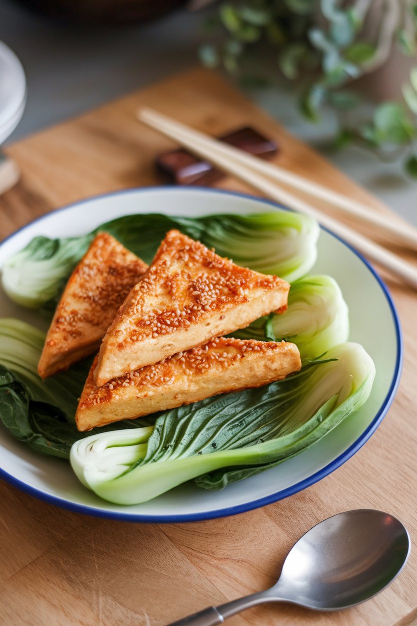 An indoor dinner plate with seared sesame-coated tofu triangles alongside bright green steamed bok choy. No text or logos visible.