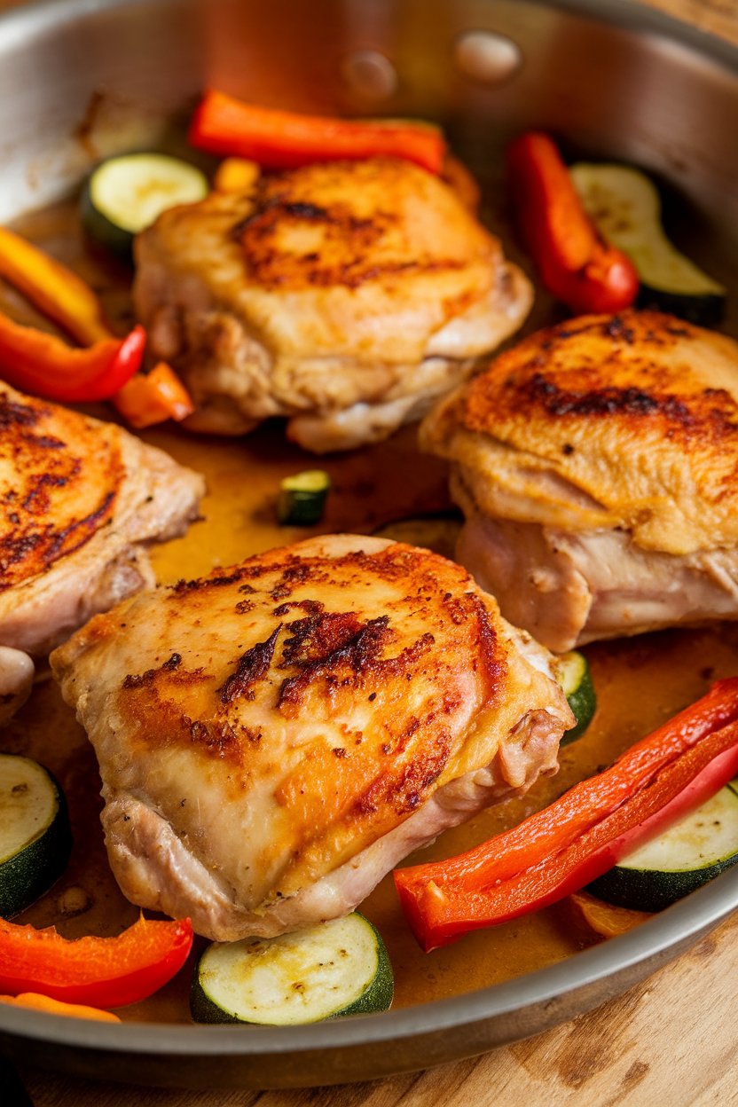 Indoor photo of golden saffron-tinted chicken thighs, roasted bell peppers and zucchini around them, slight char marks visible. No text or logos present.