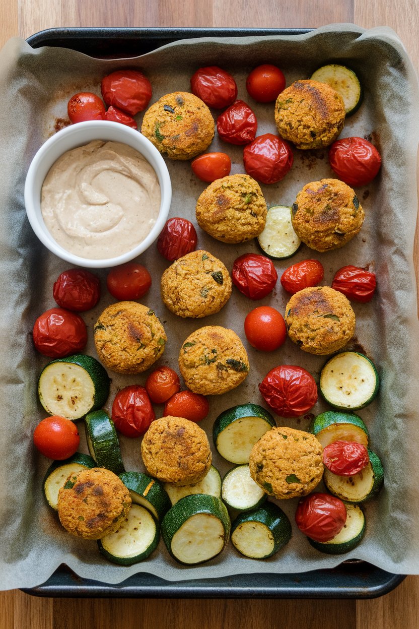 Indoor photo of a pan lined with parchment, featuring golden baked falafel balls, roasted zucchini, and cherry tomatoes, served with a side of tahini dip. No text or logos.