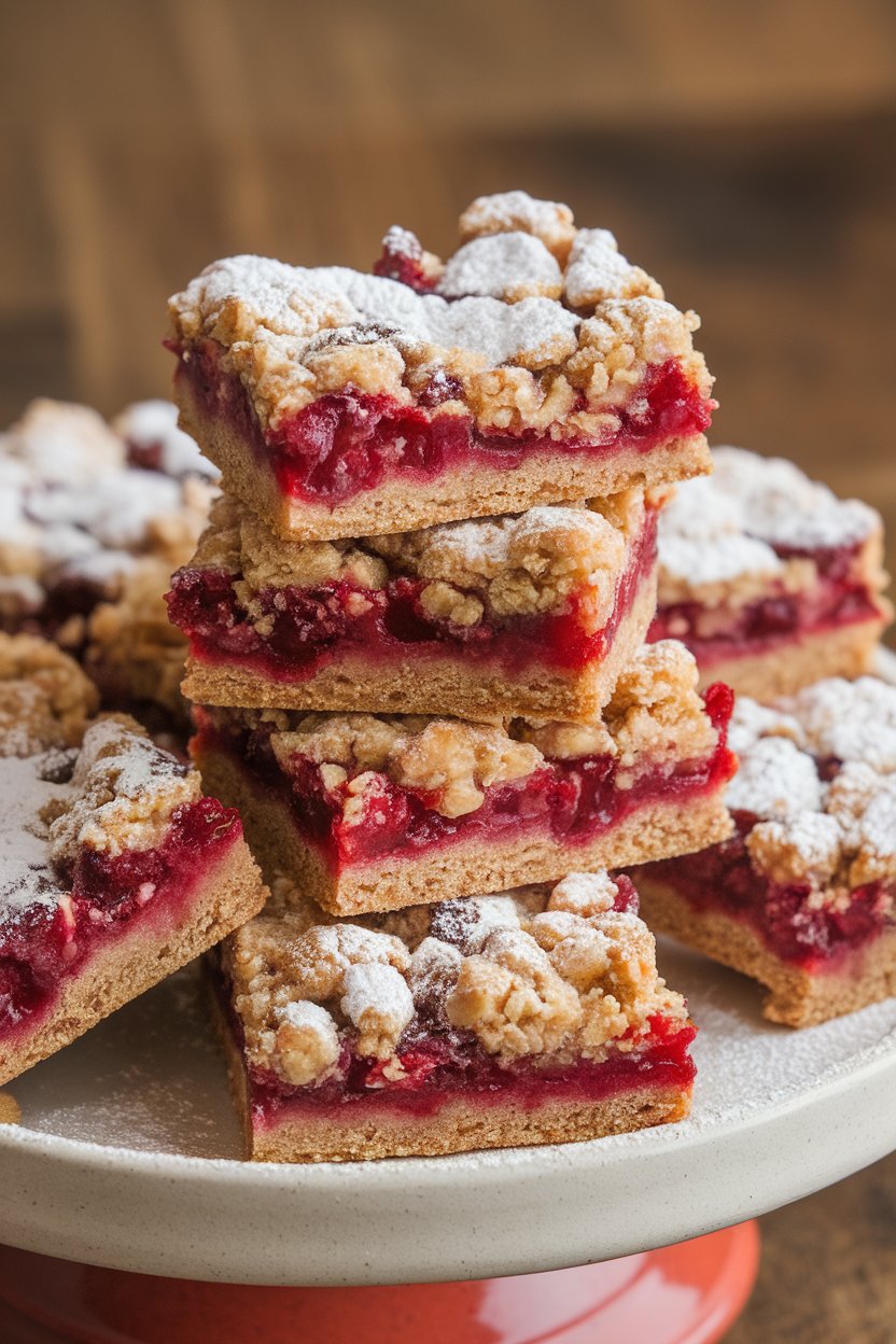 Indoor ceramic platter stacked with cherry crumble bars, ruby filling peeking through oat topping. No text or logos; photo, not illustration.