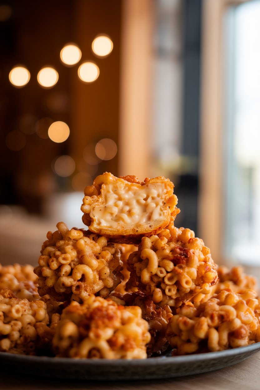 Warmly lit indoor photo of crispy mac-and-cheese bites stacked on a platter, creamy centers visible. No logos or text in scene.