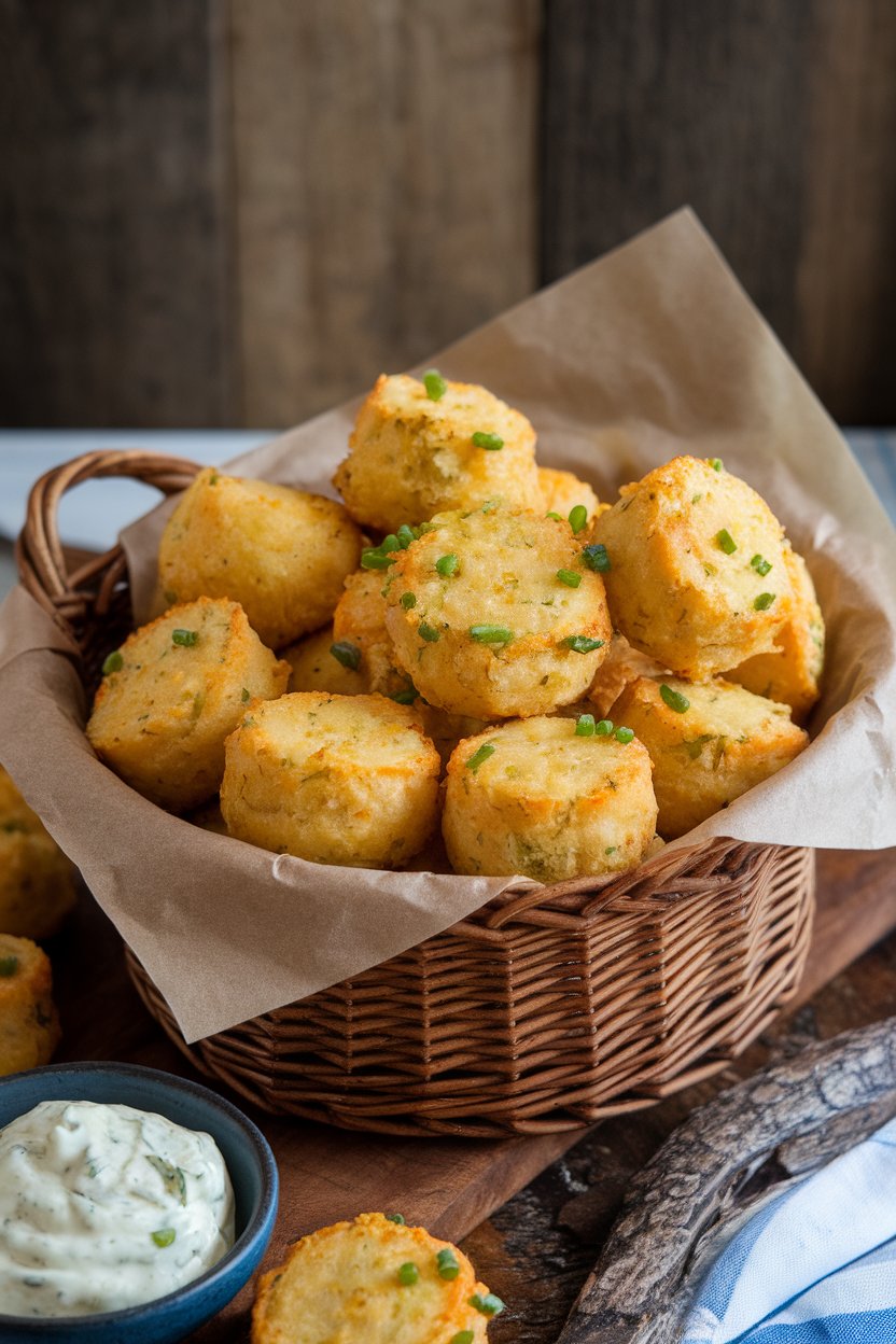 Indoor basket lined with paper holding golden cornmeal hush puppies flecked with green onions, side of spicy remoulade. Photo, no text or logos.