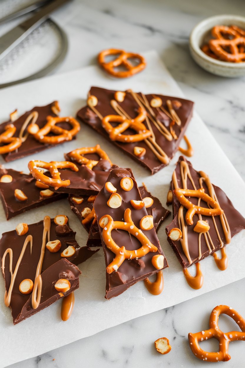 Indoor photo of broken pieces of chocolate bark studded with pretzels and drizzled caramel, no text or logos.