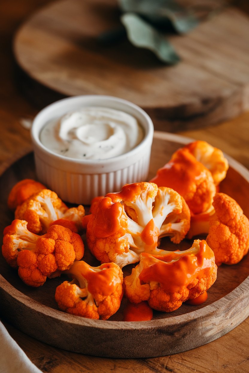An indoor serving tray with baked cauliflower florets coated in bright orange buffalo sauce, a small ramekin of yogurt ranch beside; no logos.