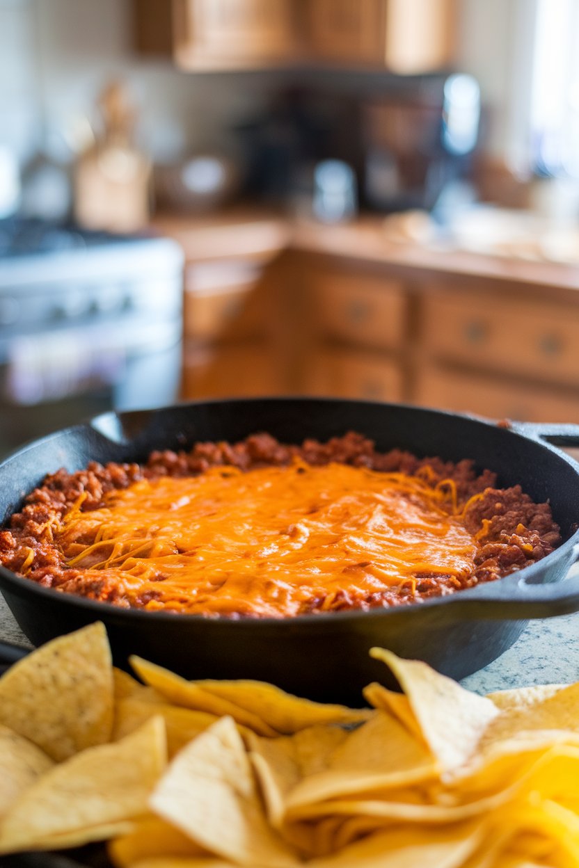An indoor countertop with a cast-iron skillet of bubbling chili cheese dip, melted cheddar swirling into seasoned chili, with tortilla chips piled nearby—no text or logos. Photo, not illustration.