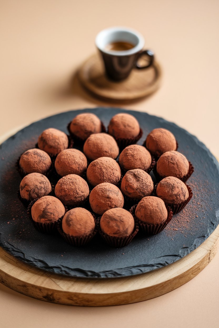 An indoor slate plate of dark chocolate truffles dusted with cocoa, small espresso cup blurred in background. No logos or text.