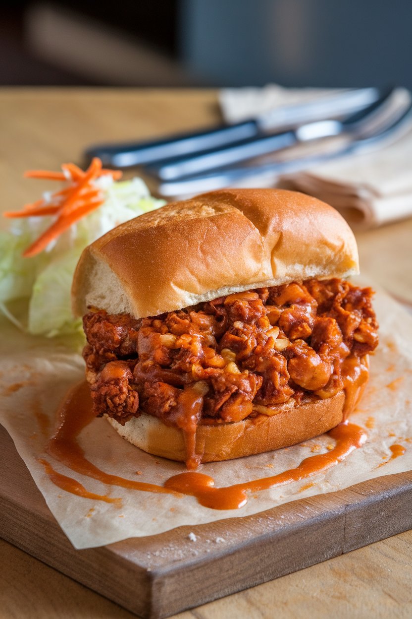 A wooden indoor board showcasing a saucy jackfruit sandwich on a soft bun, with a side of coleslaw. No text or logos. Photo.