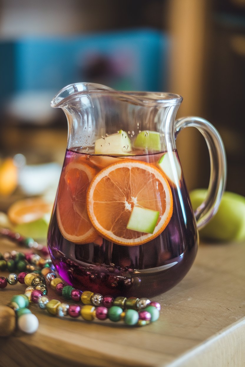 Photo of a clear pitcher indoors filled with purple wine, citrus wheels, and green apple cubes, festive beads draped nearby, no text or logos