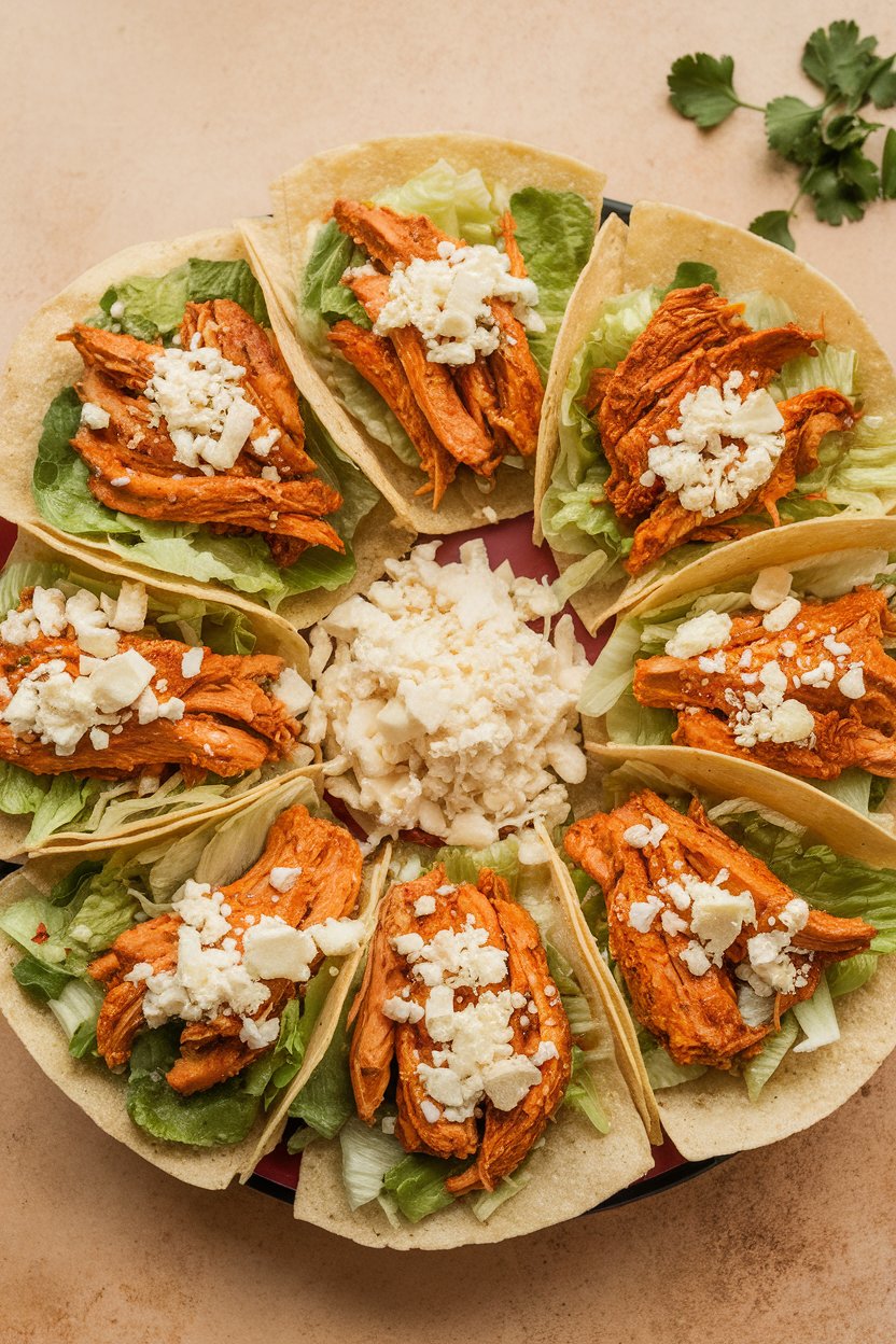 Indoor photo of crisp tostada shells topped with spicy shredded chicken, lettuce, and queso fresco on a platter; no text or logos.