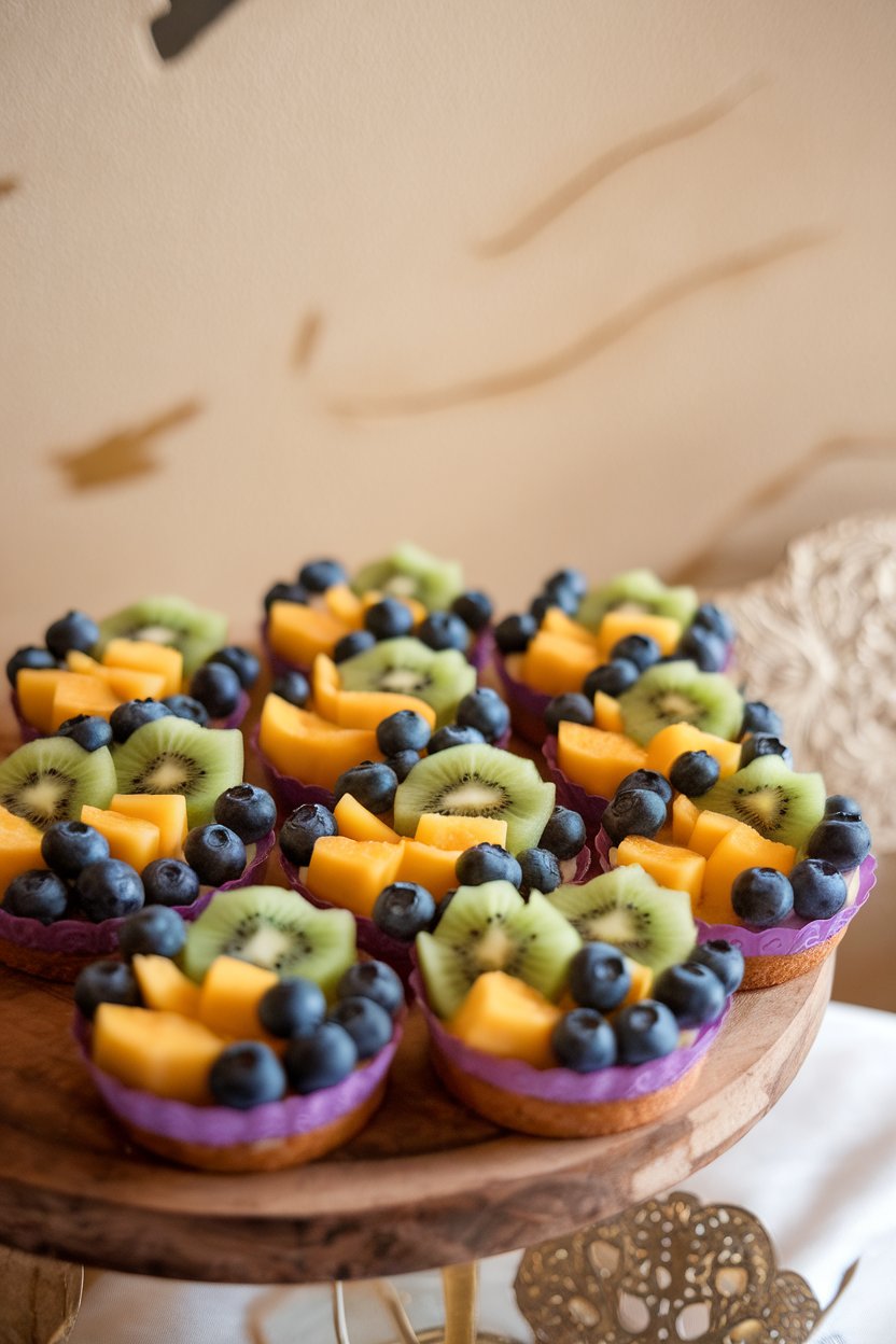 Indoor photo of mini fruit tarts topped with kiwi, mango, and blueberries arranged in purple, green, and gold patterns. No text or logos.