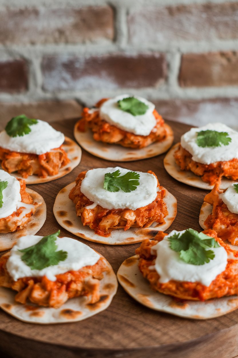 Indoor photo of bite-size BBQ chicken pizzas on mini naan rounds, melted mozzarella on top and a sprinkle of cilantro; no text or logos