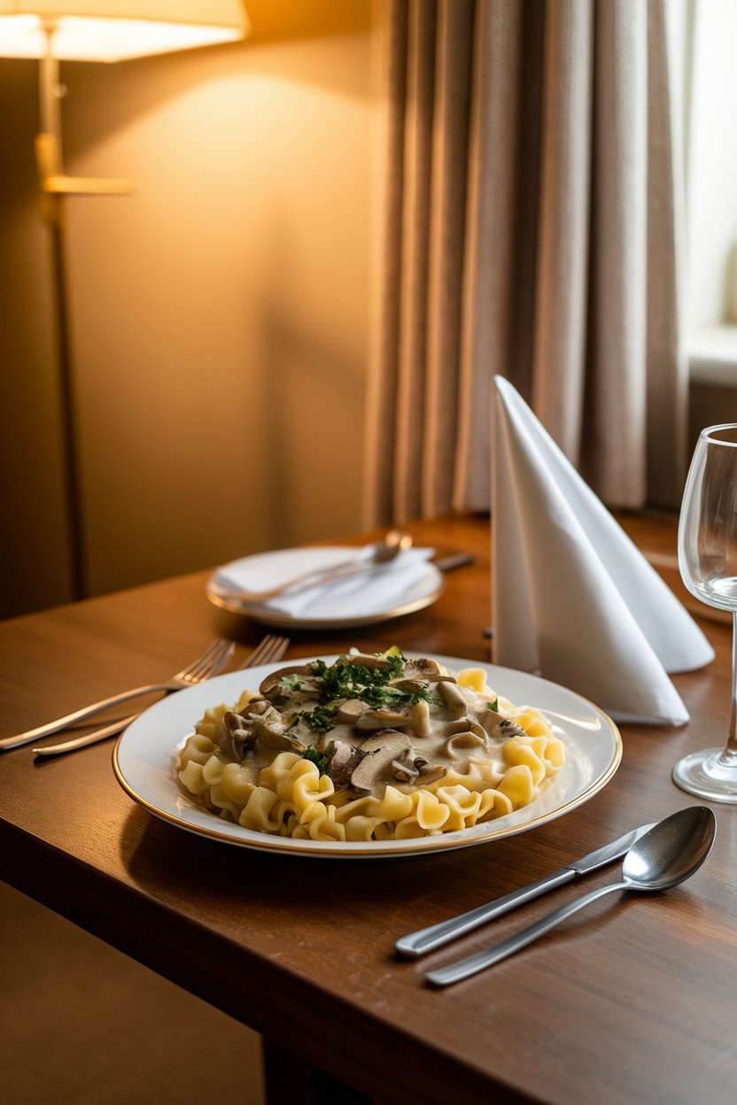 A warmly lit indoor dinner table featuring a plate of egg noodles topped with creamy mushroom stroganoff, parsley sprinkled across. No text or logos. Photo, not illustration.