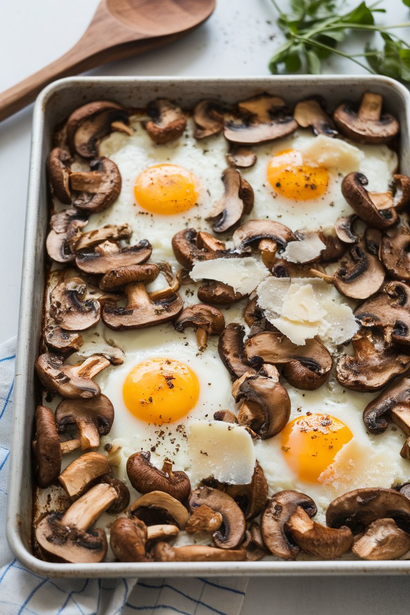 A sheet pan indoors, showcasing baked eggs with sautéed mixed mushrooms and a light drizzle of truffle oil, topped with shaved Parmesan. No text or logos.